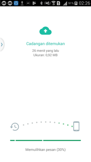 Proses pemulihan riwayat chat, bisa berlangsung lama atau sebentar.