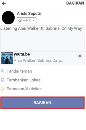 Tampilan ketika link video Youtube otomatis ter-paste di kolom status Facebook