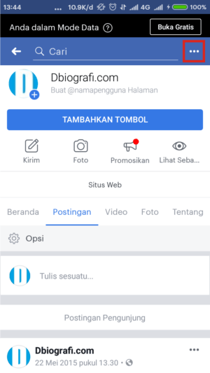 Di laman Halaman/Fanpage, klik tiga titik. 