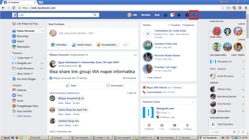 Di laman Facebook, klik segitiga kebalik dan cari Halaman/Fanpage.