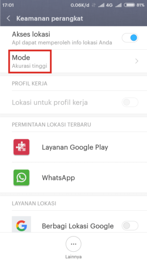 Cara mengirim (share) lokasi palsu di WhatsApp 5 Cari mode akurasi GPS, lalu klik.