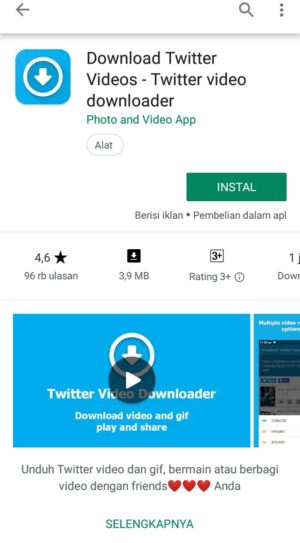 Tampilan aplikasi "Twitter video downloader" di PlayStore