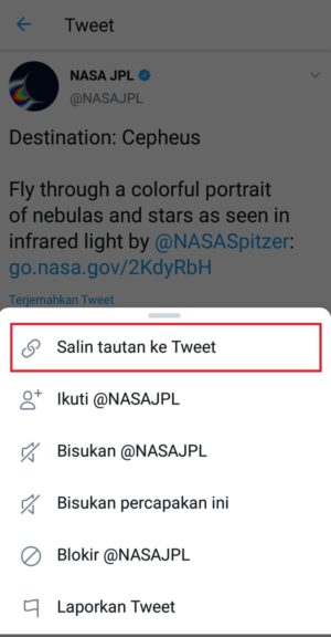 "Salin tautan ke Tweet" untuk menyalin url video
