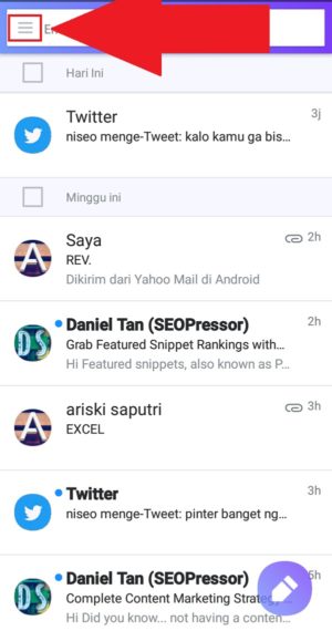 Cara login banyak akun email Yahoo sekaligus (dalam 1 hp) 3 Halaman utama aplikasi Yahoo Mail saat berhasil login