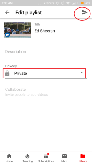 Cara membuat, mengedit, dan menghapus playlist di youtube 10 atur privasi playlist dan tap icon panah untuk melanjutkan