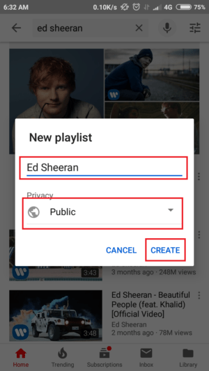Cara membuat, mengedit, dan menghapus playlist di youtube 4 berikan nama playlist, setelah itu atur privasi dan tap create
