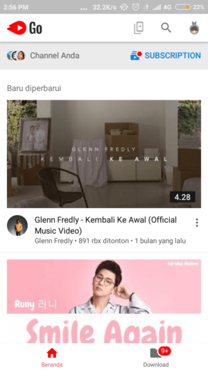 tampilan utama aplikasi youtube go