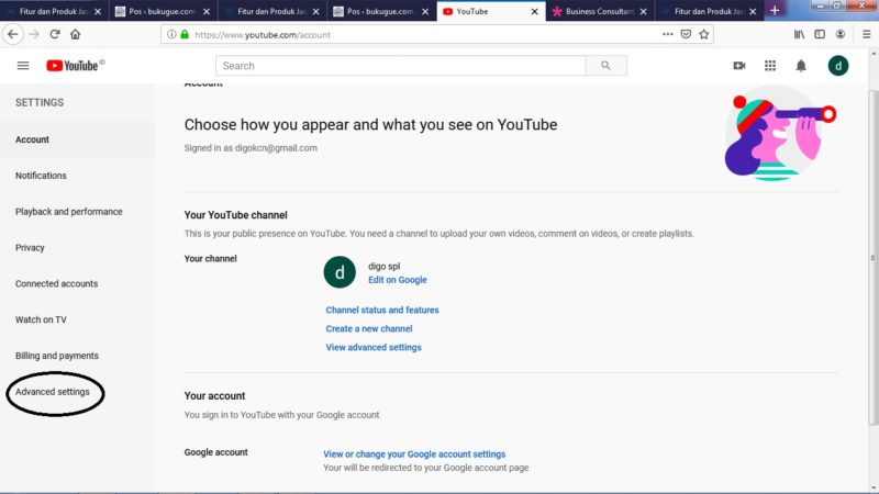 Cara menghapus akun atau channel Youtube 2 Masuk ke Advance Setting