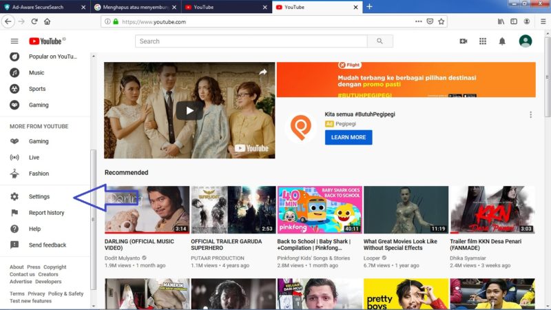 Cara menghapus akun atau channel Youtube 1 Pilih Setting