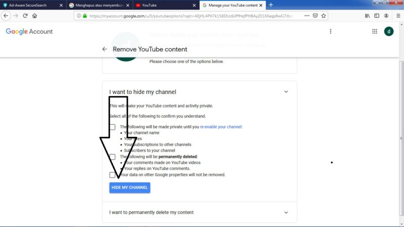 Cara menghapus akun atau channel Youtube 9 Pilih "Hide Channel"