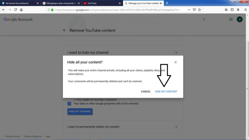 Cara menghapus akun atau channel Youtube 10 Pilih "hide my content"