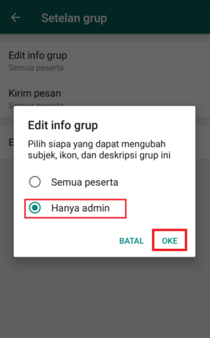 Cara mencegah anggota mengganti info grup di whatsapp 6 kalian plih hanya admin lalu klik oke