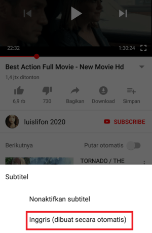 Cara menampilkan subtitle (atau terjemahannya) di youtube 3 klik di bagian bahasa yang kita pilih tadi