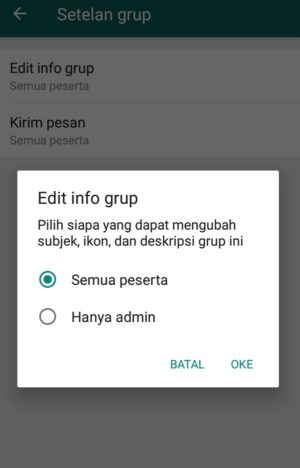 Cara membuat grup whatsapp 10 Jika ingin hanya kamu yang dapat mengubah deskripsi, ikon, dan subjek grup, pilih “Hanya admin”