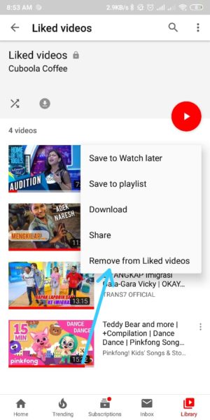 Cara melihat daftar video yang pernah kita Like di Youtube 6 Hapus list Video yang di like