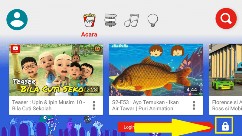 Cara mengaktifkan fitur kode sandi di youtube kids 1 masuk menu gembok pojok kanan bawah