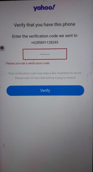 Diminta memasukkan kode verifikasi yang dikirim oleh yahoo