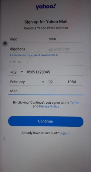 Pengisian data saat daftar yahoo di HP