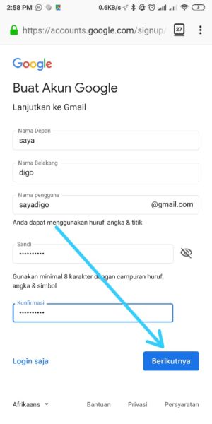 masukkan data nama, email, password dan lainnya