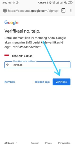 Masukkan kode Verifikasi ke halaman pendaftaran
