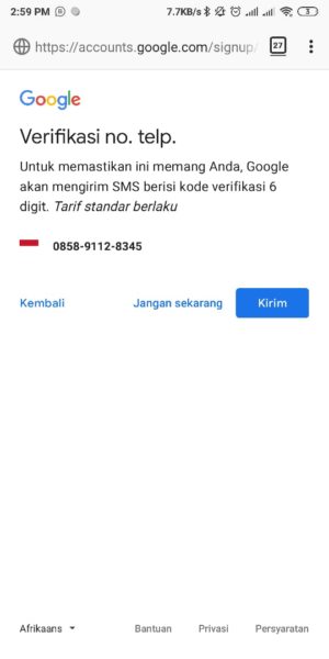Kirim permintaan Verifikasi SMS