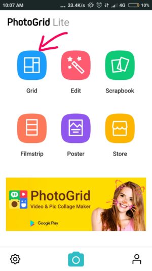 buka PhotoGrid dan tap "grid" untuk mengkolase atau menggabungkan foto