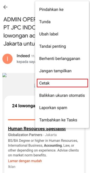 Memilih "Cetak" untuk masuk ke pengaturan