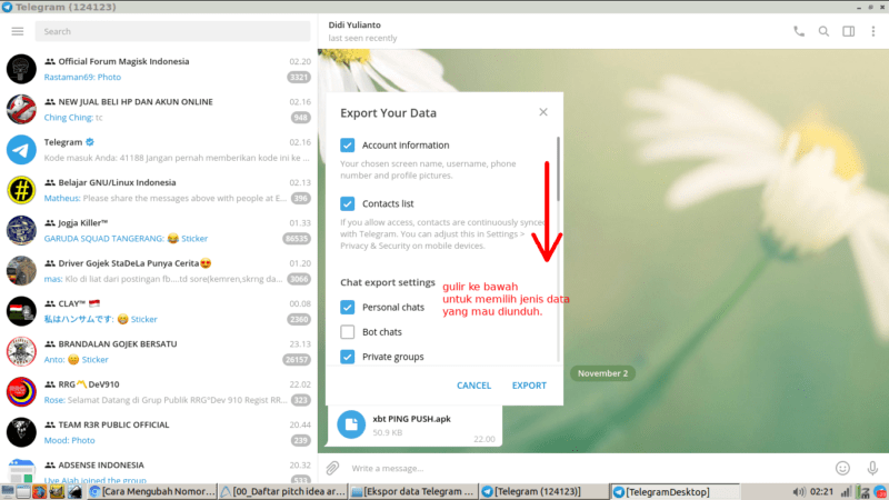 Cara export data telegram (untuk backup chat, kontak, dll) 11