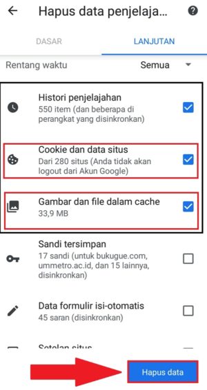 Memastikan cache dan cookie telah ter-ceklist untuk menghapus