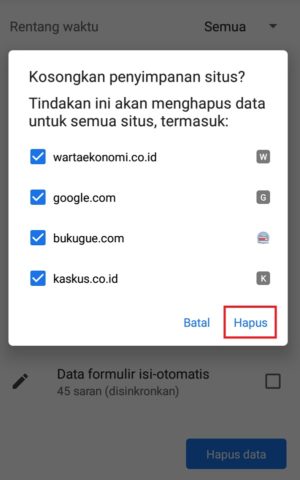 Pilih "hapus" untuk menghapus data situs