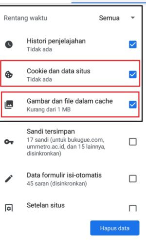 Tampilan saat cache dan cookie telah terhapus