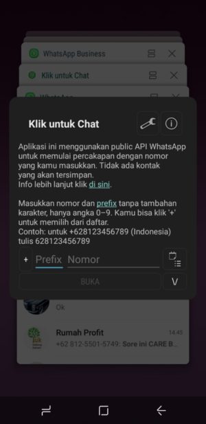 Cara mengirim pesan chat whatsapp tanpa menyimpan nomor 8 masuk ke aplikasi "klik untuk chat"