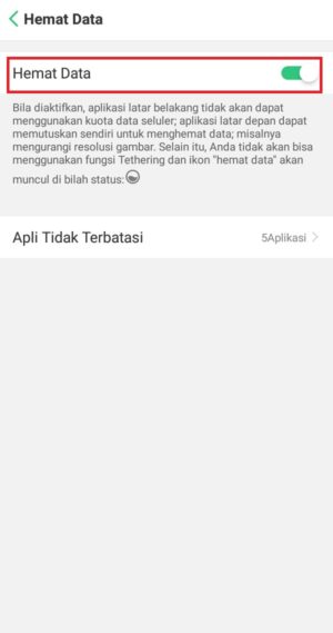 Gulir tombol ke kanan untuk mengaktifkan mode "Hemat Data"