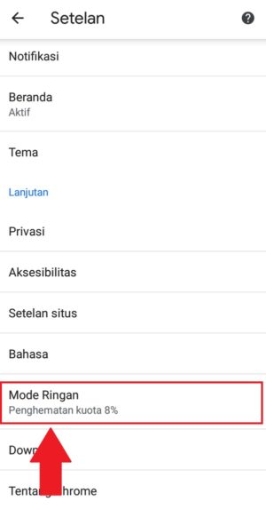 Pilih "Mode Ringan" untuk mengaktifkan fitur penghemat data