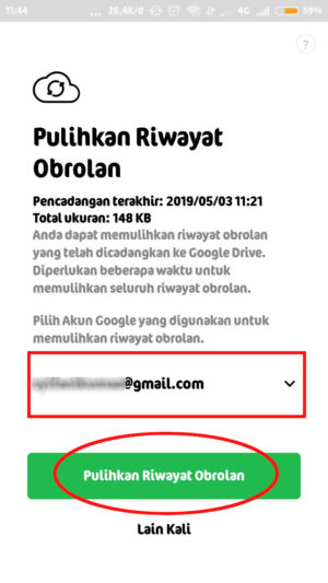 pilih alamat email untuk back up data