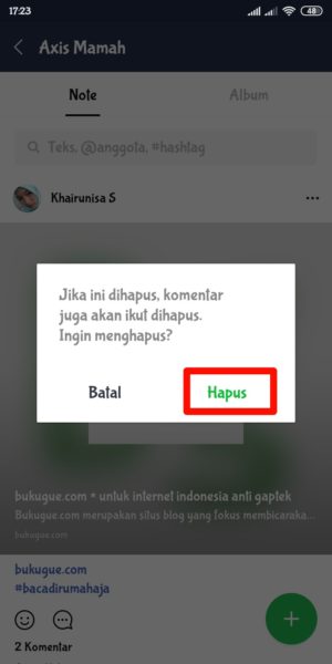 pilih "hapus" untuk konfirmasi menghapus note