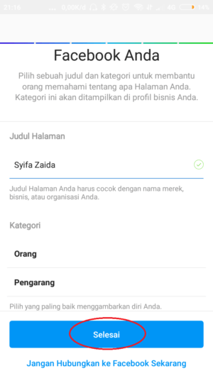Cara membuat akun Instagram Bisnis 21 isi judul halaman, kategori dan sub kategori, setelah itu klik "selesai"