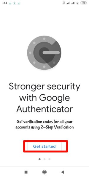 tap "get started" di aplikasi google authenticator