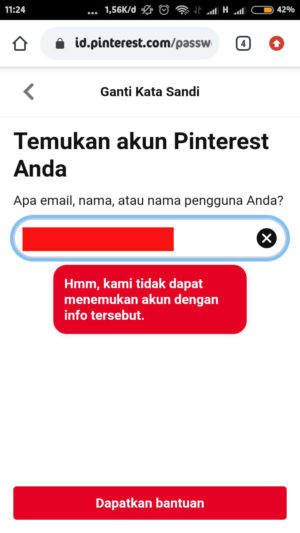 pinterest tidak menemukan username atau alamat email
