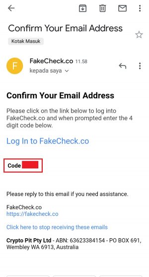 Cek email dari Fakecheck.co untuk mendapatkan kode verifikasi