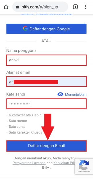 Pilih "Daftar dengan email" untuk mendaftar akun bit.ly dengan email