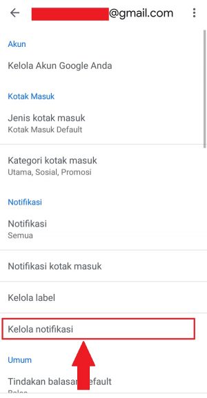 Pilih "Kelola notifikasi" untuk masuk ke pengaturan notifikasi Gmail