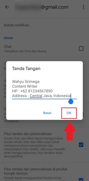 ketuk tombol OK untuk menyimpan tandan tangan