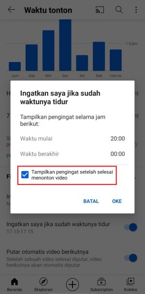 Cara Membatasi Waktu Nonton Youtube dengan "Timer" otomatis 14 beri kotak checklist jika ingin mendapat pengingat setelah video selesai ditonton