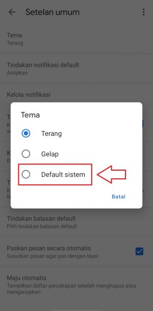 pilih pengaturan tema default sistem