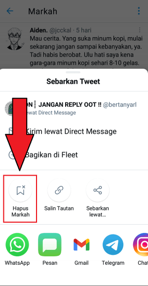 Pilih “Hapus markah” untuk menghapus tweet dari markah