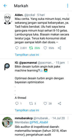 Tampilan halaman bookmark Twitter