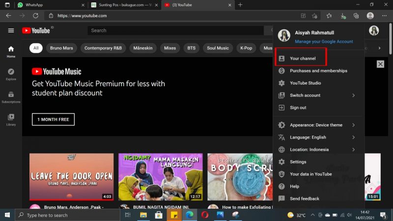 Cara Mengganti Nama Channel YouTube 1 Pilih dan klik "your channel"