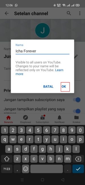 Cara Mengganti Nama Channel YouTube 11 Pilih dan klik "ok"