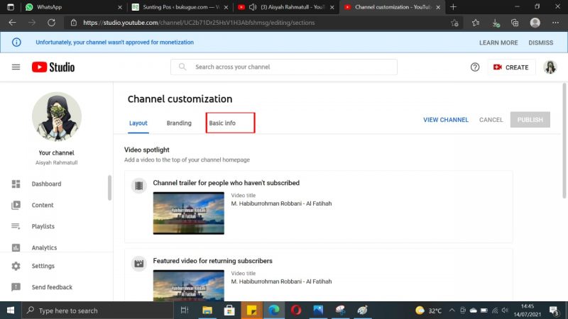 Cara Mengganti Nama Channel YouTube 3 Pilih dan klik "basic info"